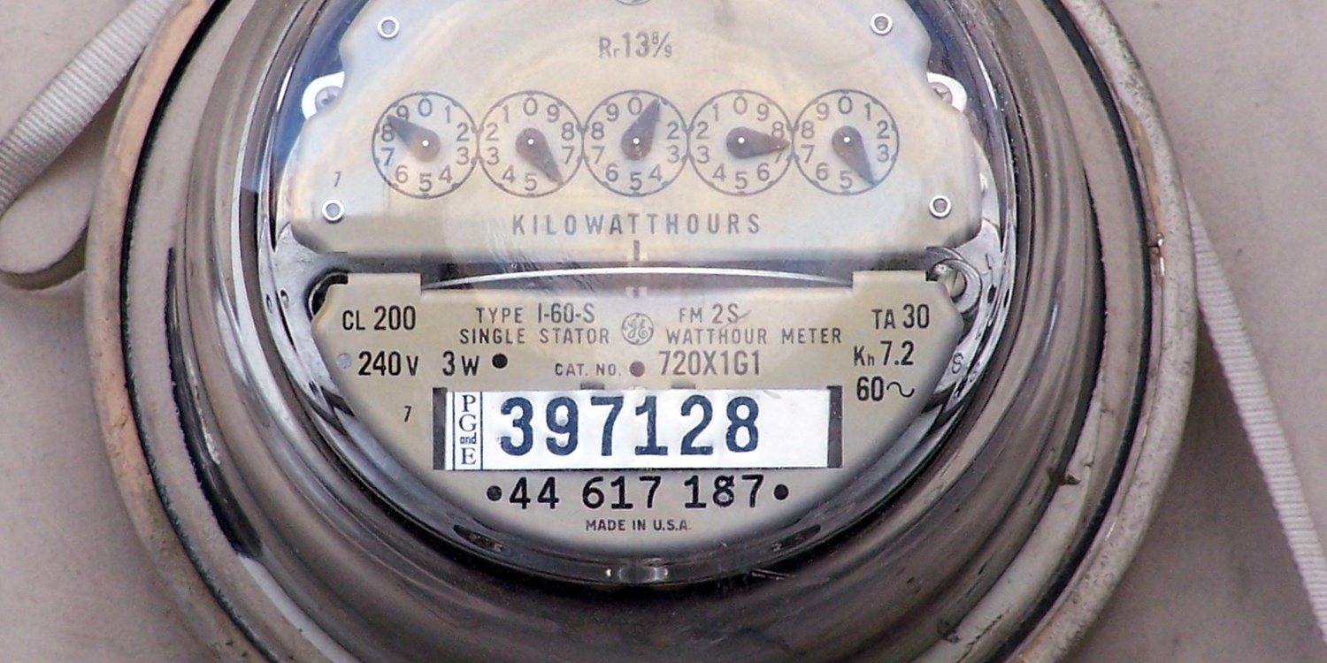 A residential electric meter that counts kilowatt-hours